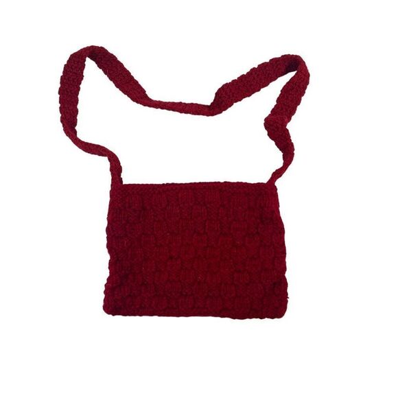 Handmade Crochet Knit Purse Set Red & Pink Yarn Button Shoulder Bag & Coin Pouch - Picture 9 of 11